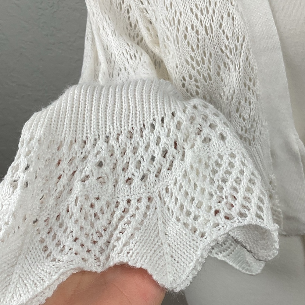 Sweet Kizz Lightweight Crochet Tie Front Cardigan Crop Top Ruffle Romantic - Picture 3 of 8